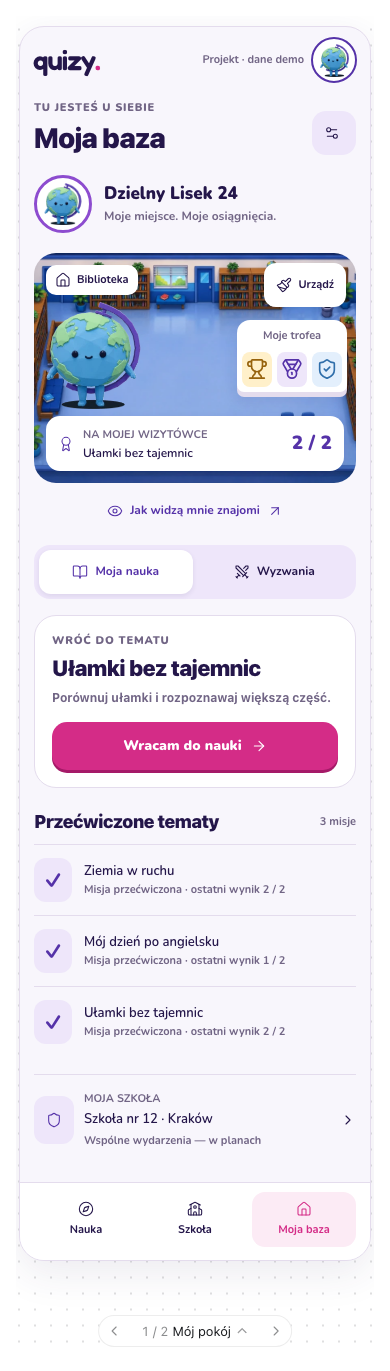 Projekt mojej bazy: Globus w bibliotece, półka z trofeami, wynik nauki i przycisk powrotu do tematu.